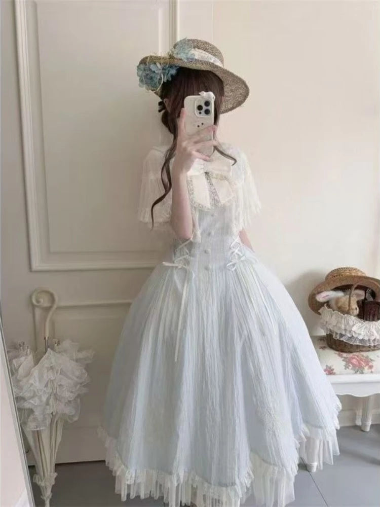 Summer New Sweet Lace Cape Patchwork Dress Design Elegant Bow Slim Thin Dresses Women 2025 France Fashion Long Princess Dress