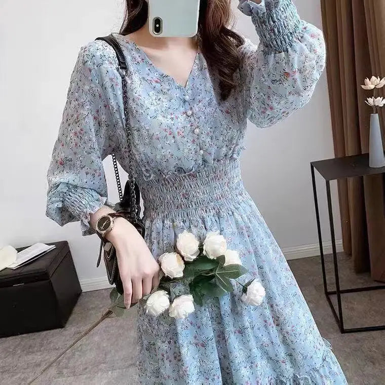 2025 Spring and Autumn Long Sleeve Waist-hugging Display High Waist Korean V-neck Skirt Floral Chiffon Dress Long Style Slim