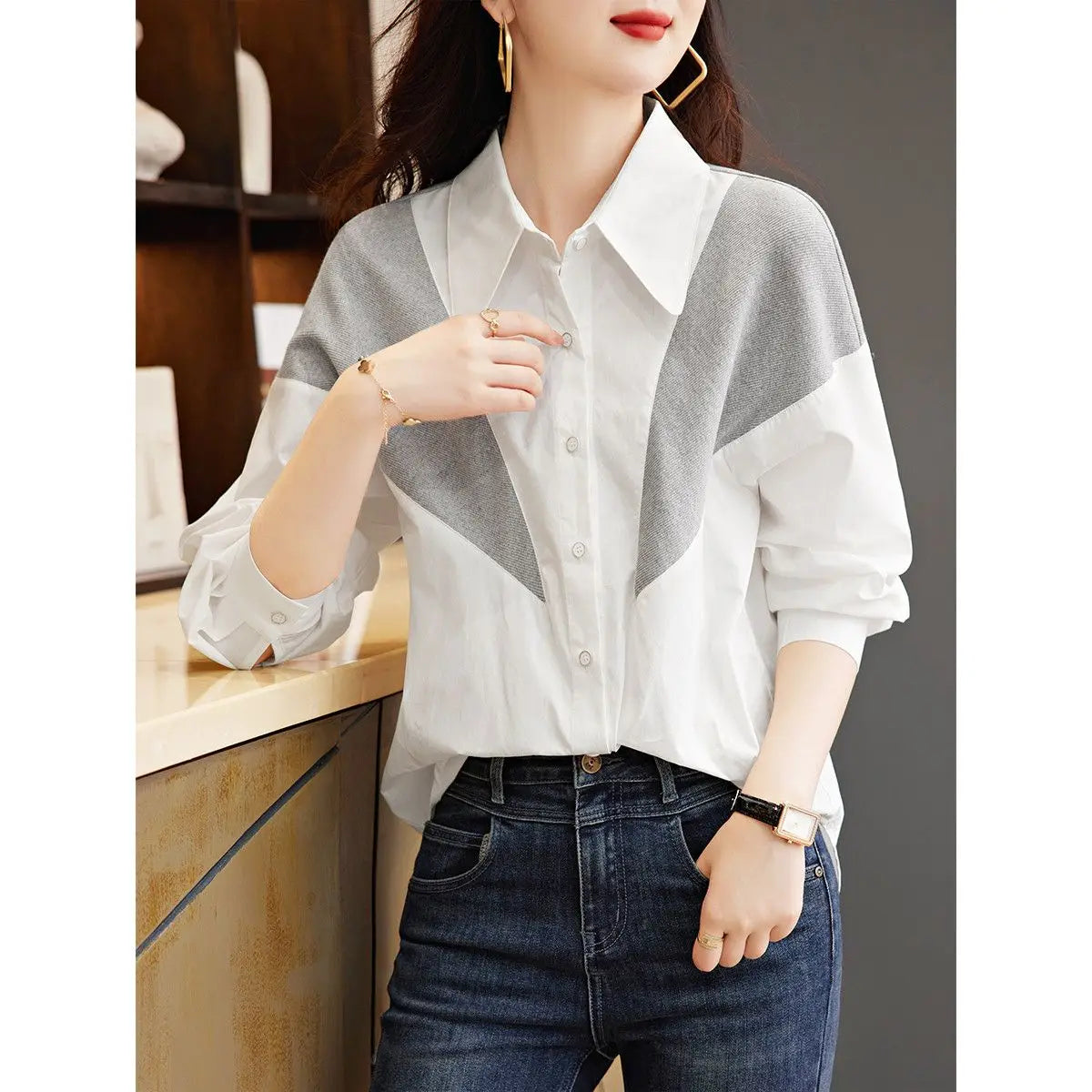 Fashionable Color Contrast Splicing Long Sleeved Shirt for Women's Spring Autumn New Casual Comfortable Loose Commuting Shirt