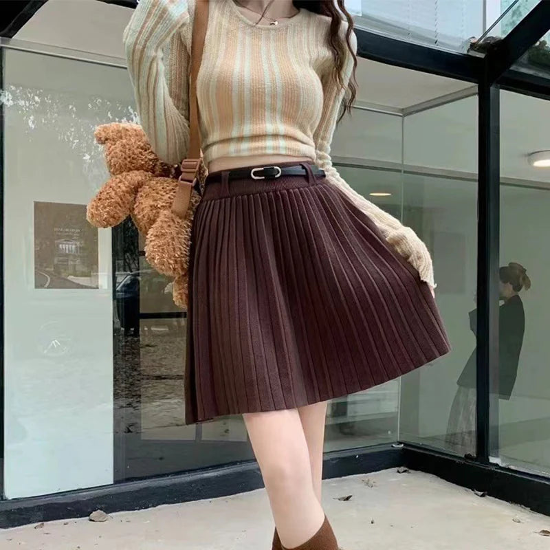 Women High Waist Mini Skirt Autumn Winter Thicken Warm A-Line Pleated Skirts Woman New Korean Elastic Waist Short Knitted Skirt
