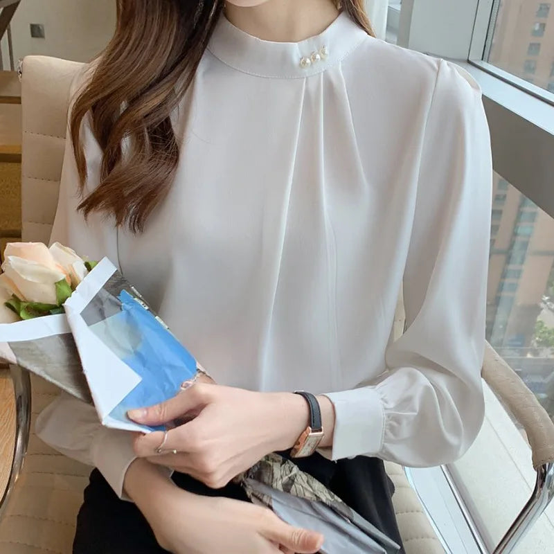 Women's Long-sleeved Fashionable Beaded Base Shirt 2025 Spring and Autumn Niche Chiffon Shirt Shirt