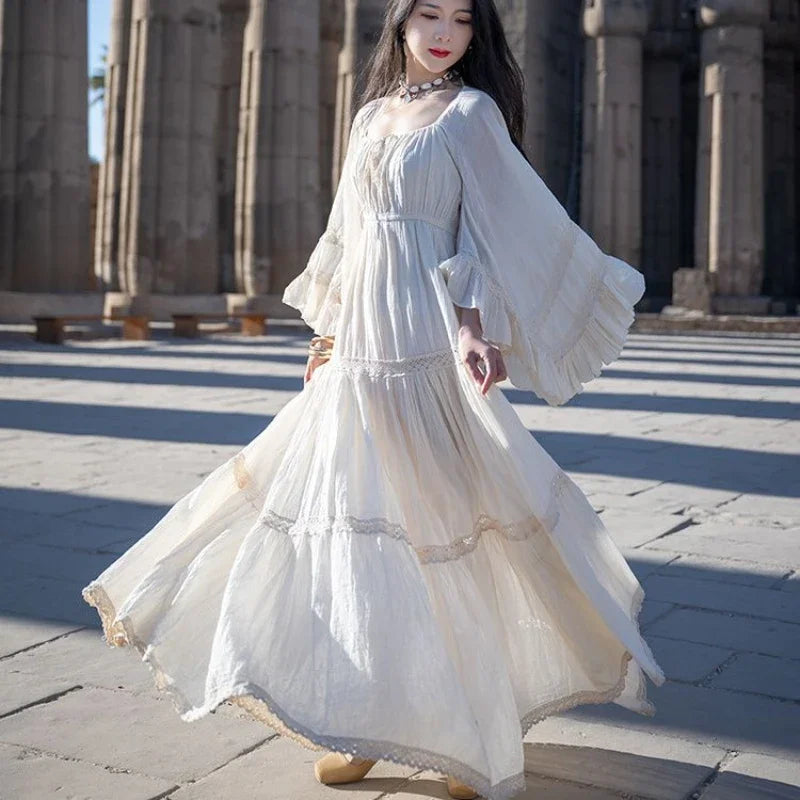 Coalfell Summer Autumn Resort Style Heavyweight Flared Sleeve Large Hem Beige Fairy Dress Long Dresses