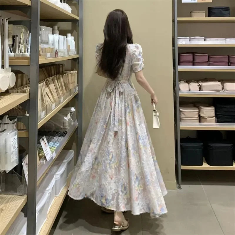 Women's French Sweet Style Floral Dress With High Waist and Slimming Effect 2025 Summer New Beautiful Fairy Vacation Long Dress