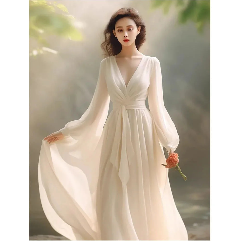 2025 Spring New French V-Neck Long Dress With Luxurious And Elegant Temperament Gentle White Chiffon Dress Lady's Summer Dresses
