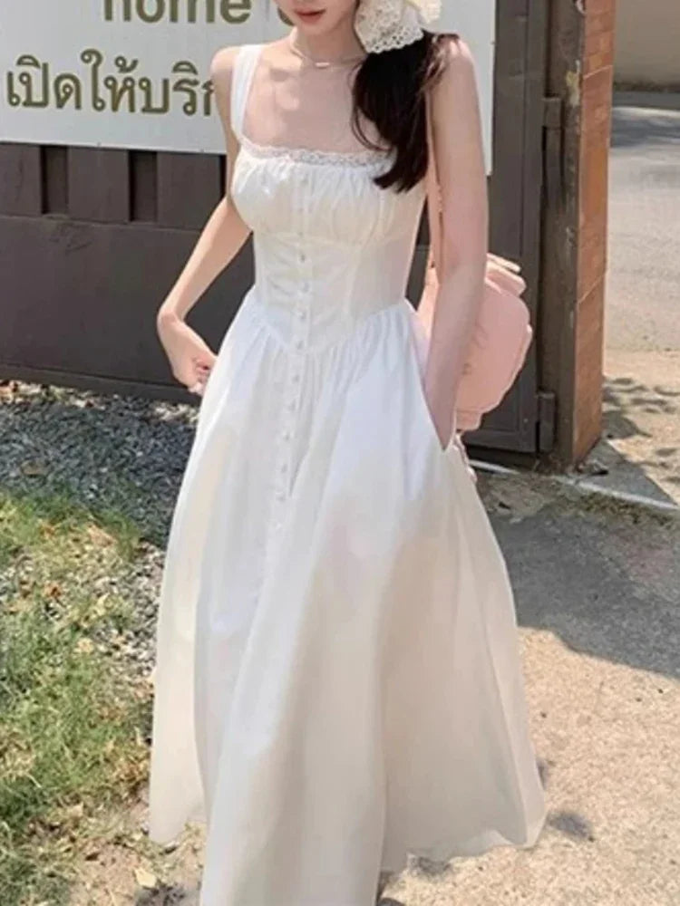 Y2K Beach Party Lace Splicing Slim Fit Women A-line Long Dress Casual Sweet Women's Fragmented Flower Hanging Strap Dress Summer