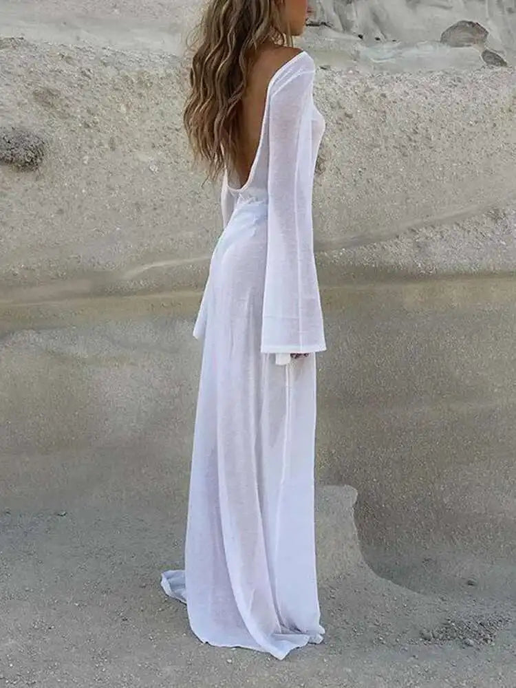 White Backless See-through Long Dress Women's Summer Slim High Waist Spliced Long Sleeve Solid Color Beach Long Dress Top PLA7