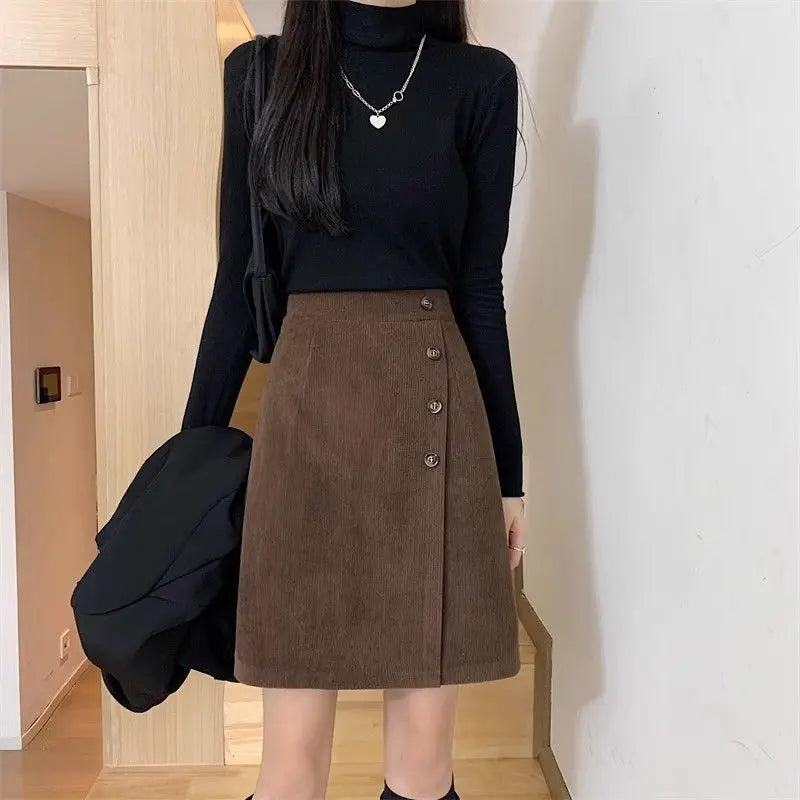 High Waist Zipper Corduroy Vintage A-line Skirt Autumn Winter Slim Solid All-match Korean Half Skirt Trend Fashion Women Clothes