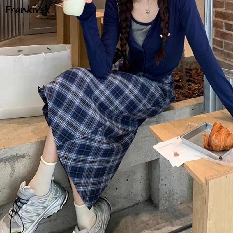 Long Skirts for Women Preppy Ins Tender Plaid Fashion Back-slit Soft High Waist Girls Casual American Style Young A-line Юбки