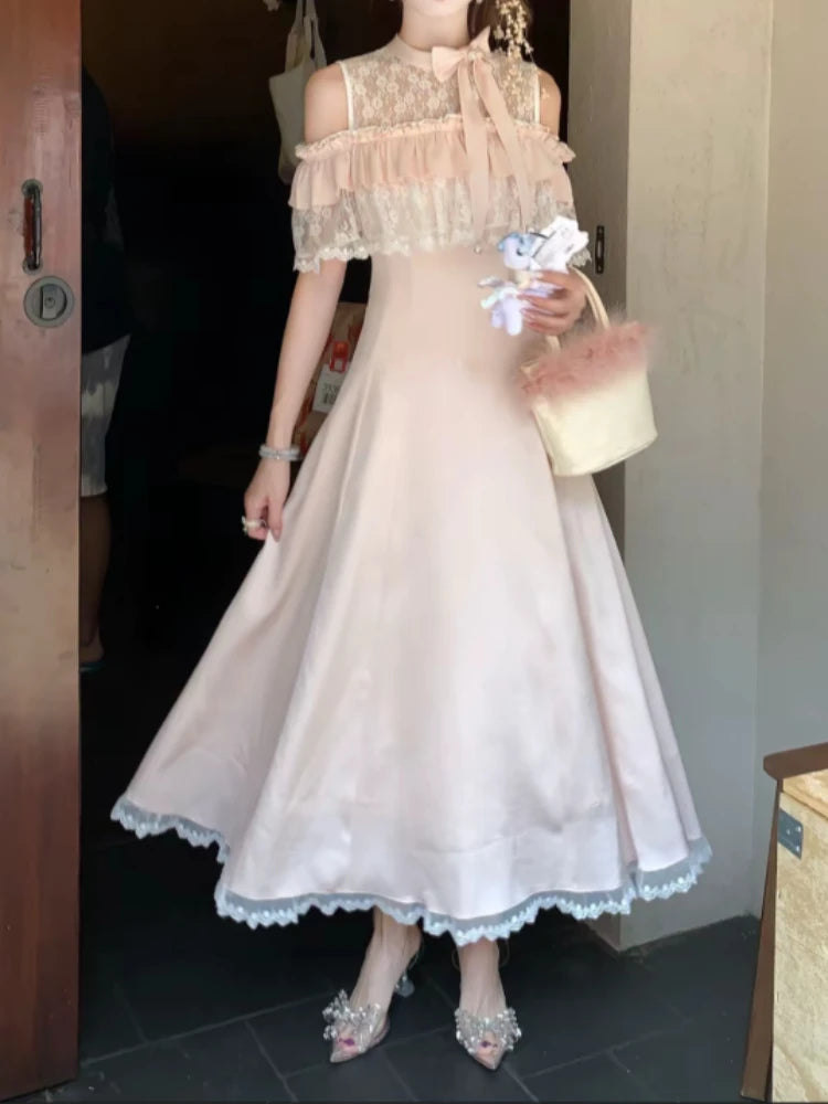 Sweet Japanese Pink Fairy Long Dresses Woman French Elegant Lace Patchwork Summer Dress Aesthetic Design Y2k Party Outfits 2025