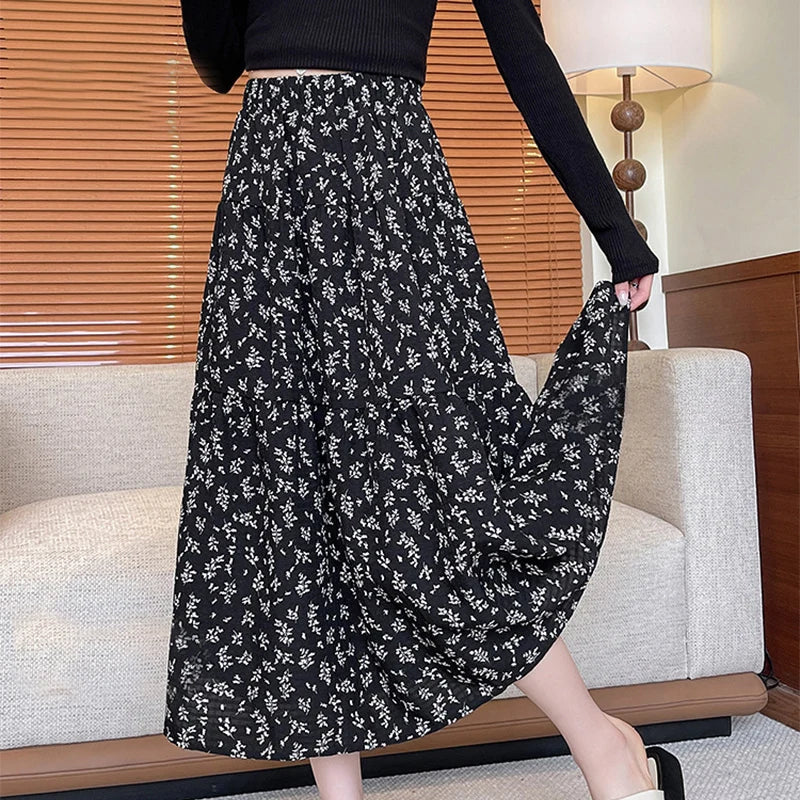Chic Floral Printed Long Skirts Women Spring Autumn New Elastic Waist Big Swing A-Line Skirt Woman Aesthetic Vintage Midi Skirts