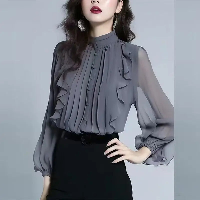 Chiffon Stand Collar Blouse Women Spring/Autumn New Fashion Ruffle French Long Sleeve Top