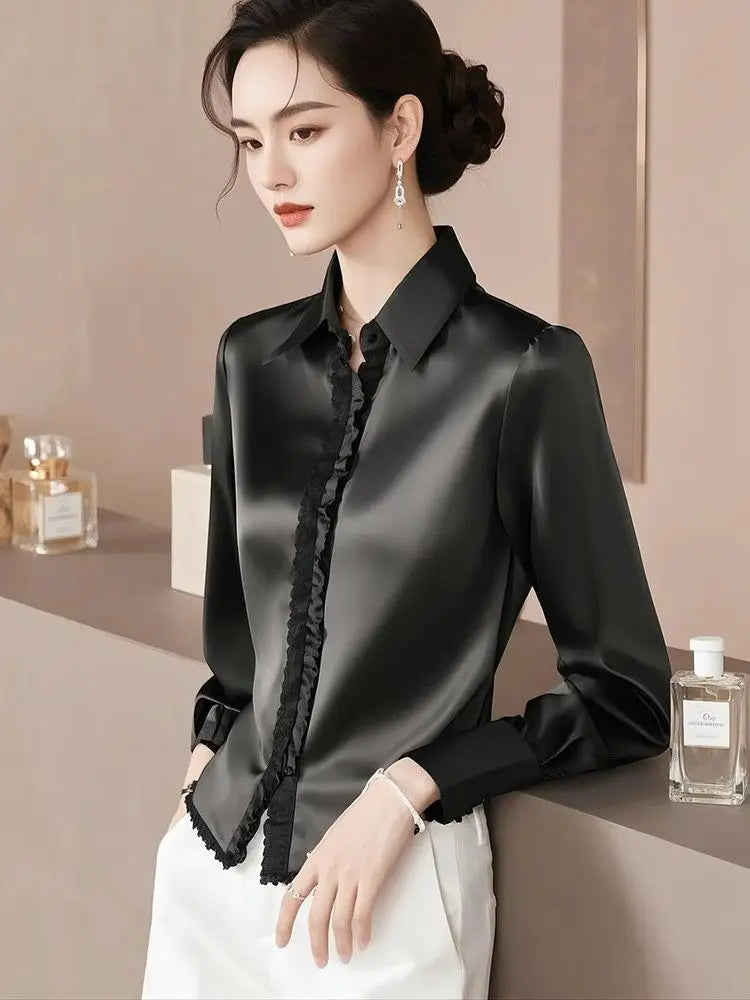 Satin Silk Ruffle Blouses Women Long Sleeve Casual Blouses Autumn Spring Office Lady Casual Wear Blouses Plus Size