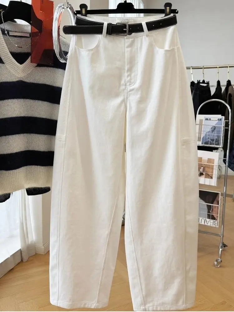 White Loose Jeans Women's Spring Autumn New High Waist Slimming Versatile Long Pants Drapey Straight Denim Pants