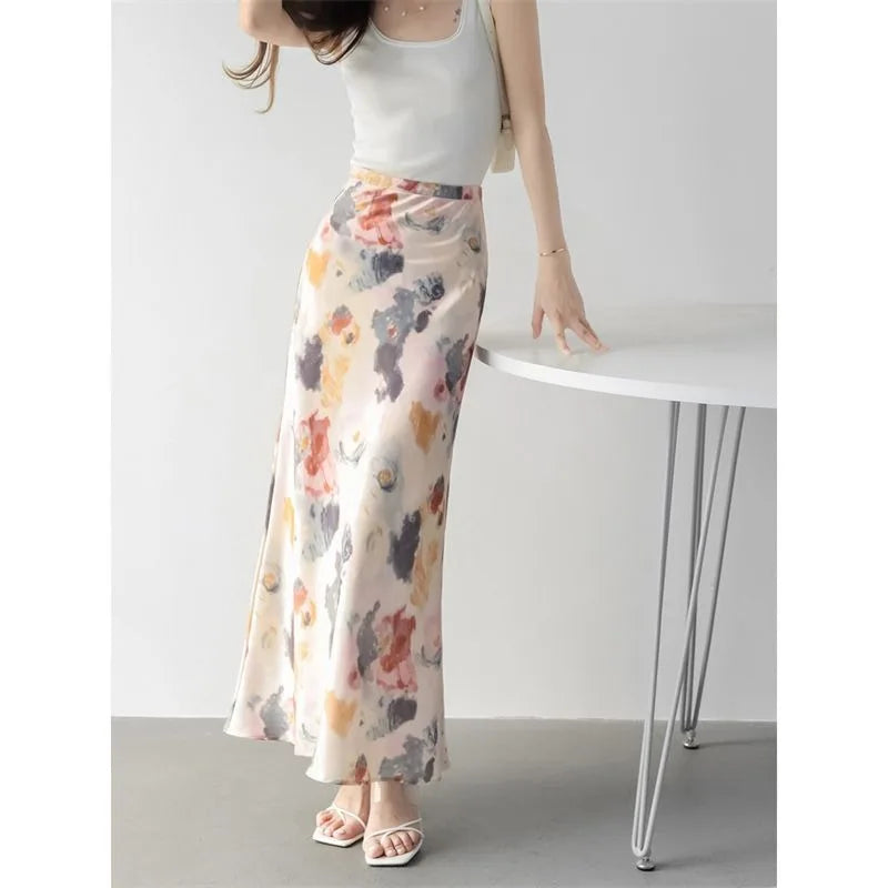 Temperament Fashion Elegant Summer Women's Zipper Printing Korean Office Lady High Waist Bag Hip Slim A-LINE Mid Fishtail Skirts