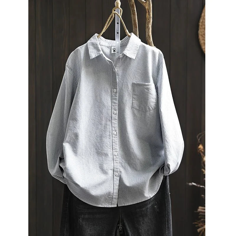 Pocket Vertical Striped Long-sleeved Shirt for Women Loose Casual and Versatile Base Top