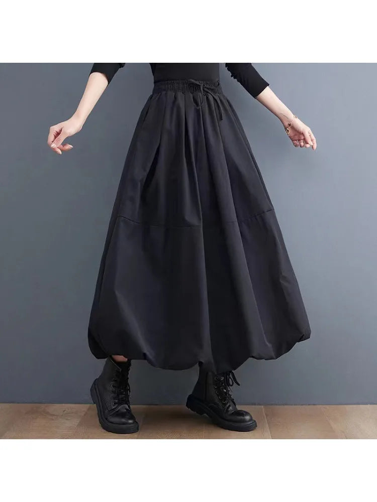 Y2K Women's Black Skirt Ruffled Design Length Ankle Length for Spring Travel Rainy Days LOOSE FIT