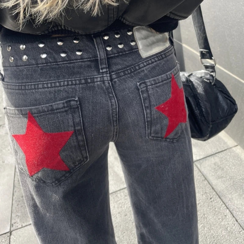 Women Y2K Vintage Jeans Patchwork Leopard Star Pattern Metal Rivet Jeans Female Baggy Casual Straight Leg Denim Pants Clothing