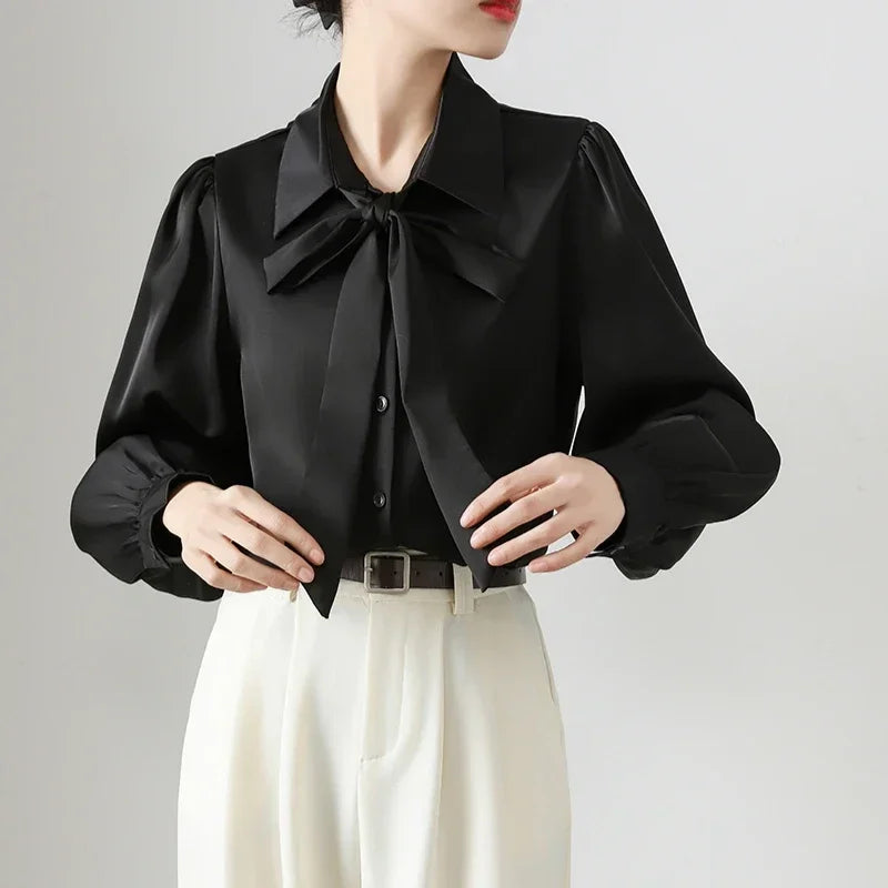 Spring Summer Lantern Sleeve Women's Bow Blouse 2025 New Long Sleeve Black Elegant Korean Office Lady Bottom Shirts Female