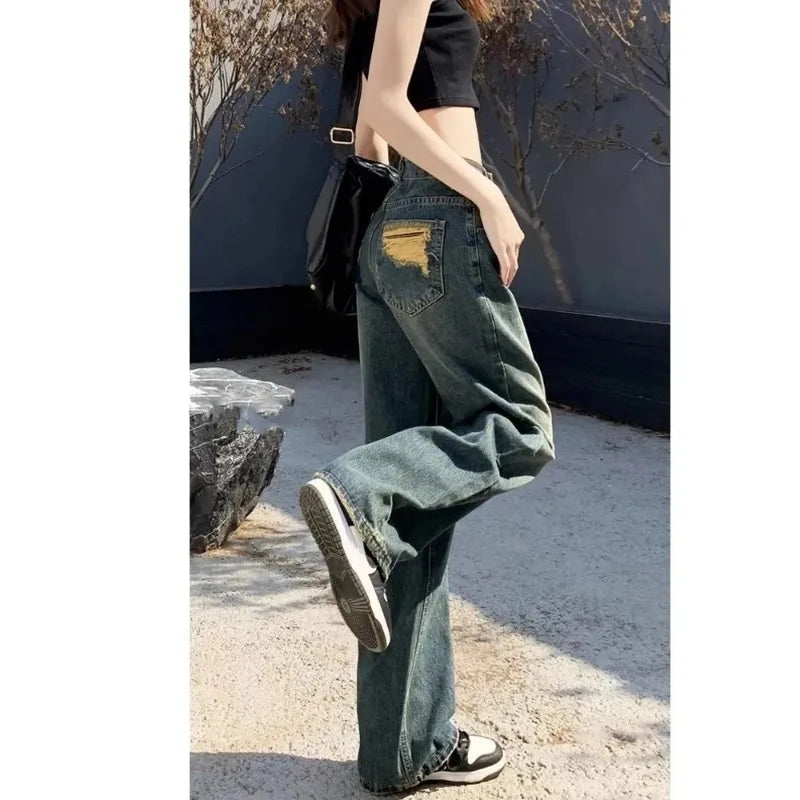 Straight Leg Jeans Womens Casual Denim Trousers Loose Fit High Waist Light Blue Wide Leg Vintage Ripped Autumn New Design