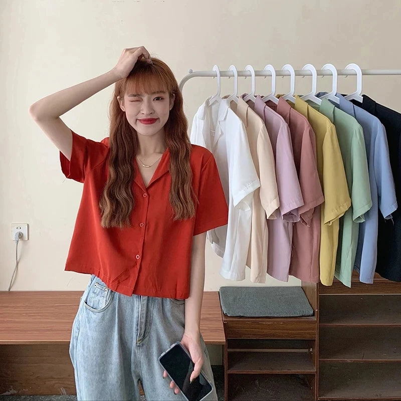 Shirts Women Korean Short Sleeve Turn Down Collar Loose Blouse Office Lady Retro Elegant All Match Solid Basic Casual Top