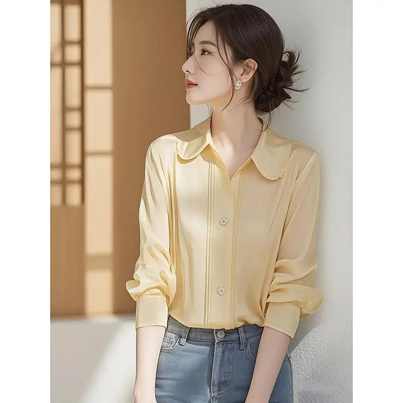 Chiffon Long-sleeved Shirt for Women Early New French High-end Fashionable Super Good-looking Lapel Shirt Temperament Top
