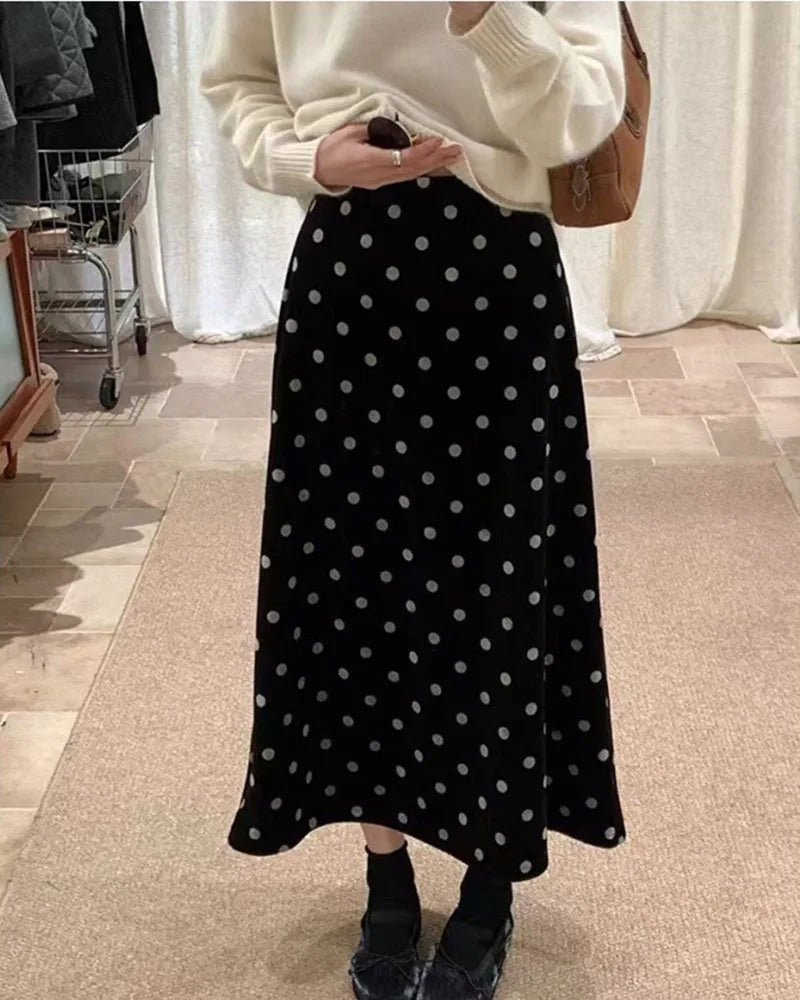 2025 Autumn Winter Addition Korean Style Polka Dot A-line Half Length Skirt With High Waist Slimming Effect And Versatile Style