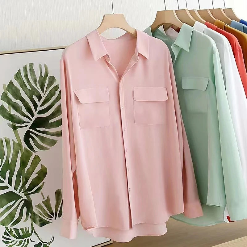 Ladies Pink Long-sleeved Shirts Spring and Autumn New Fashion Design Sense Loose Women's Temperament Blouse Casual Female Tops