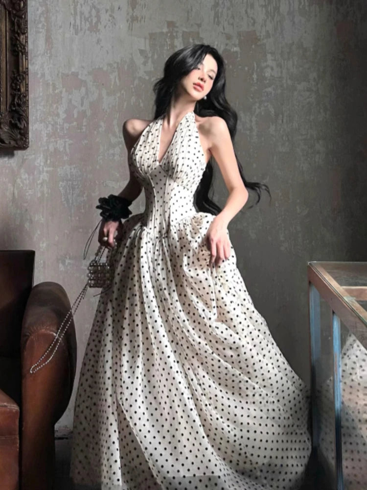 French Elegant Midi Dress Women Sleeveless beach Style Dot V-Neck Dress Evening Party One Piece Dress Vintage Chic Summer