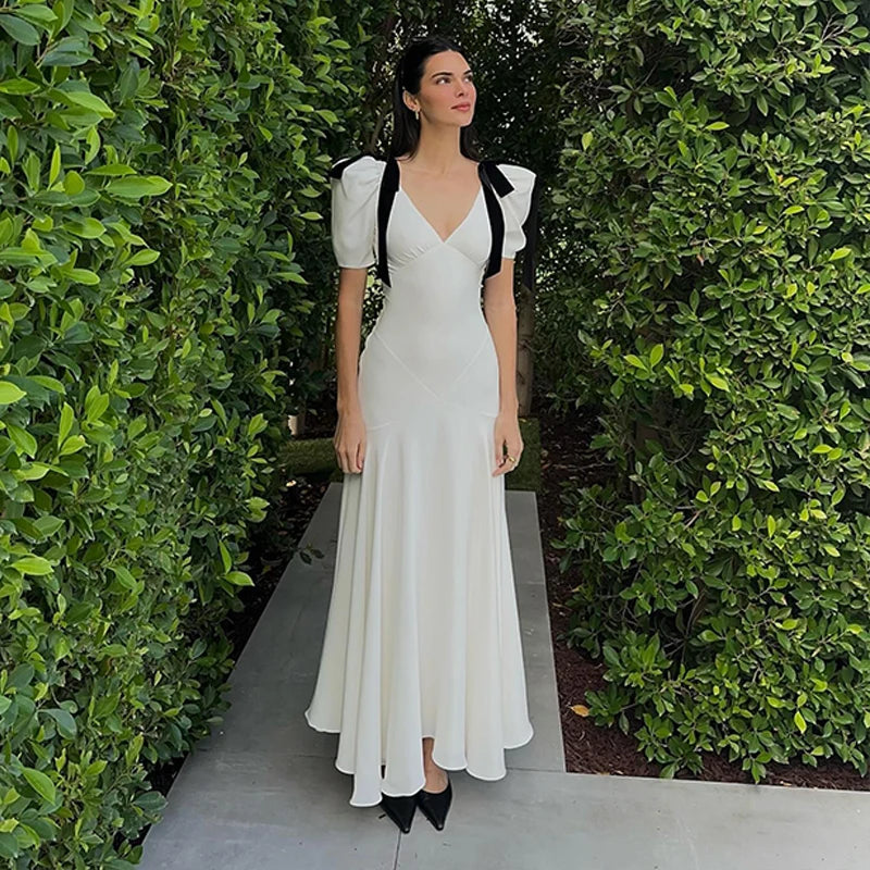 WhereMery Autumn Women Elegant Long Dress Vintage Shoulder Bow V Neck Puff Sleeve Party Maxi Dresses Ribbon Office Lady Vestidos
