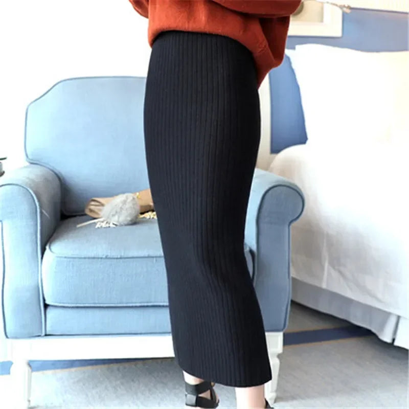 Hight Quality Autumn Winter Woolen Skirts Slim Belt Office Long Midi Skirt Step Pencil Skirt Knitted wool skirt PZ1193