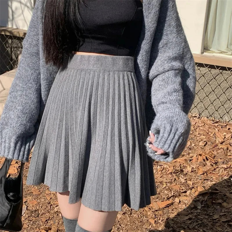 Rimocy Autumn Winter Knitted Pleated Skirt Women 2024 Korean High Waist Mini Skirts Woman Preppy Style A Line Short Skirts Mujer