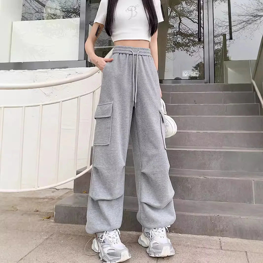American Drawstring New Retro Overalls for Women in Spring, Summer and Autumn High Waist Multi-pocket Casual Wide-leg Pants