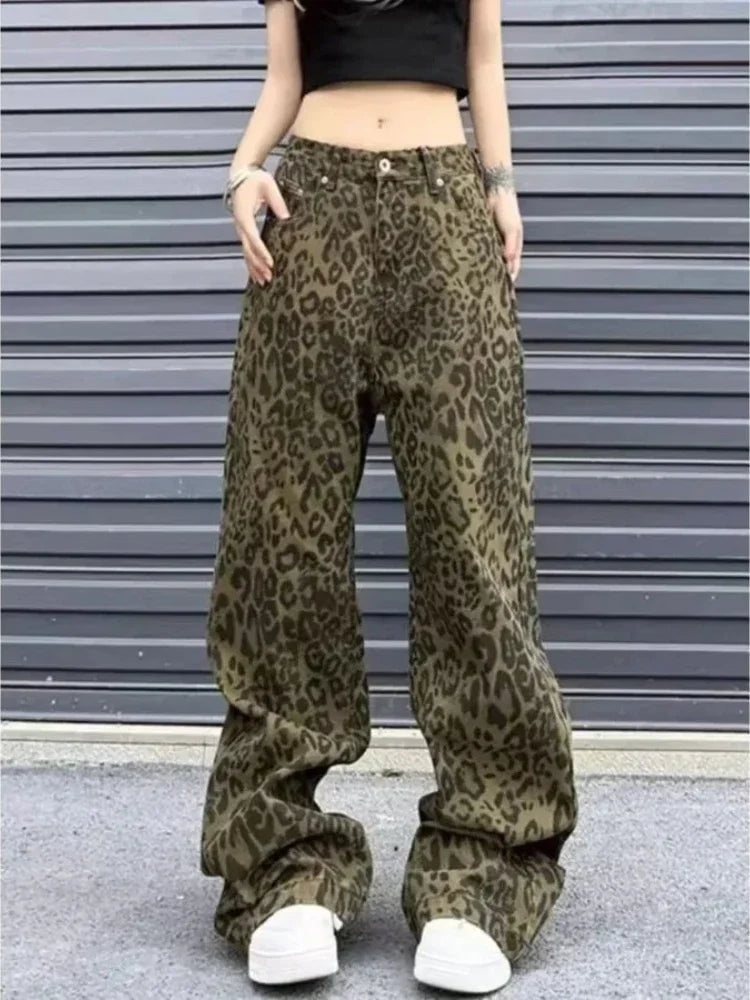 Women Denim Pants Autumn Spring Leopard Print Wide Leg Jeans Vintage Fashion Female High Waist Casual Straight Jeans Trousers