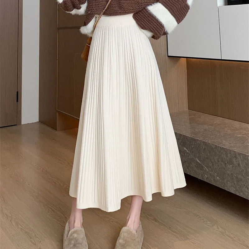 Korean Fashion Pleated Long Skirt Ladies Autumn Winter Elegant Knitted Midi Skirts Female All-Match High Waist A-Line Skirts