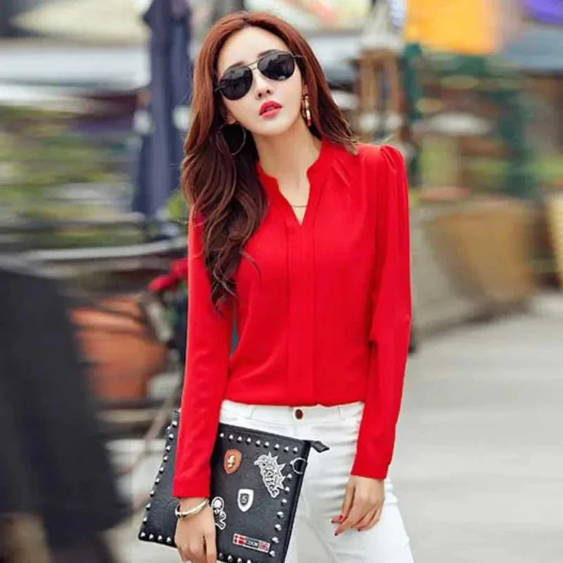 Long Sleeve Shirt Women Autumn Clothing Fashion Slim Chiffon Blouse V-Neck Korean Elegant Office Lady Shirts  Basic Womens Tops