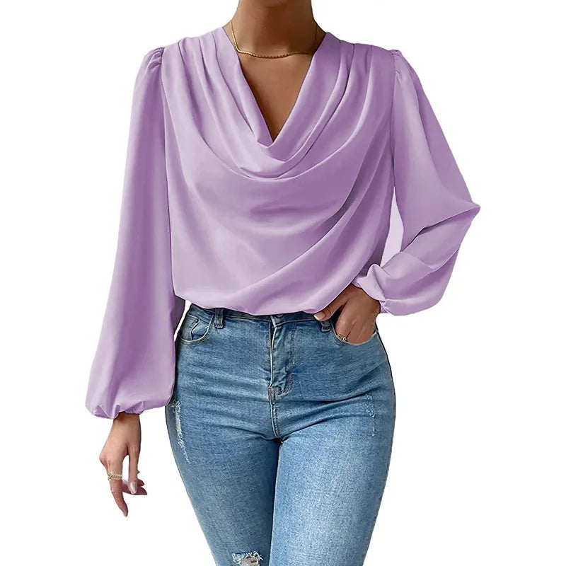 2025 New European and American Chiffon Long-sleeved Shirt Loose Draped V-neck Top T-shirt for Women