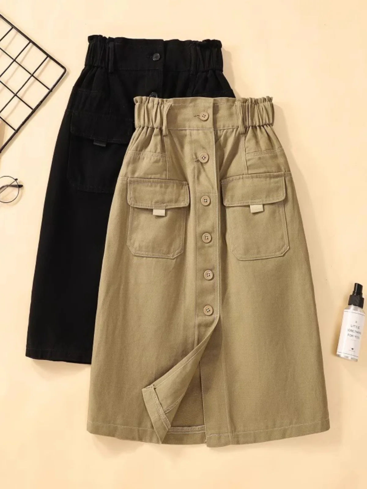 American Workwear Style Skirt Spring Autumn Casual Elastic High Waisted A-line Mid Skirt Fashion Pocket Single Breasted Skirts