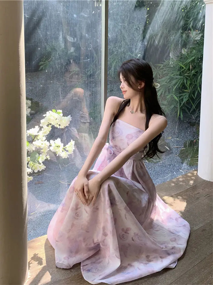 New Chinese Style Smudged Strapless Dress for Summer New Sweet Off-shoulder Waist-hugging Slim Long Skirt