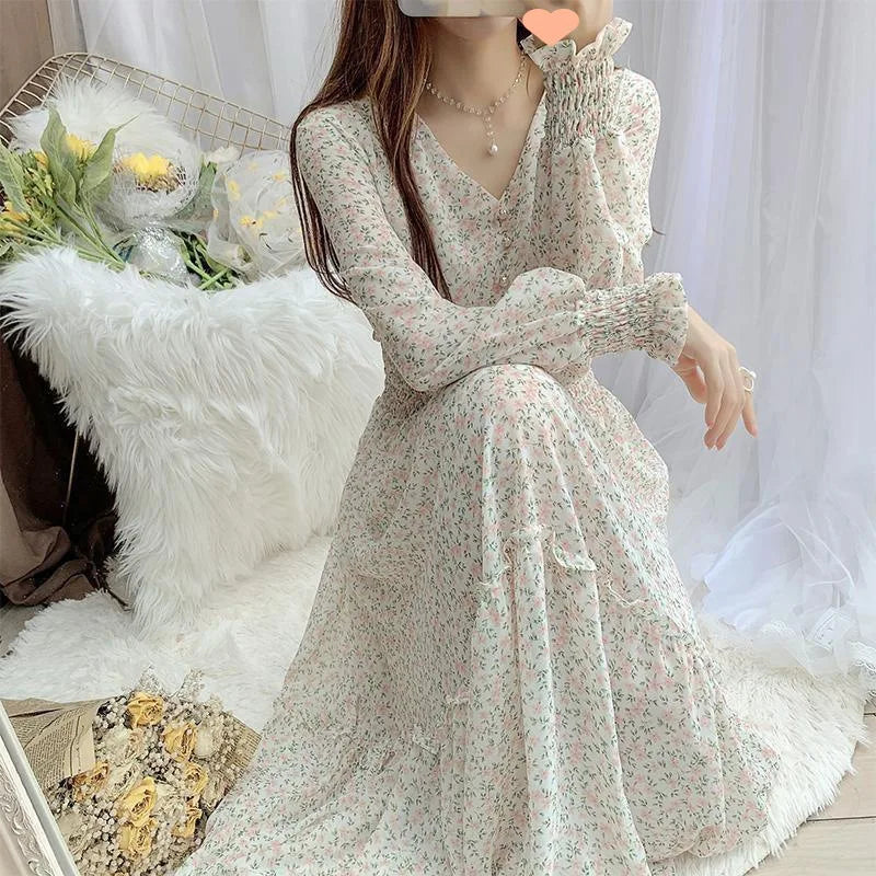 Fresh Floral Skirt Chiffon Dress Long Skirt Women's 2025 Spring New Korean Fairy Skirt Ruffled Big Hem