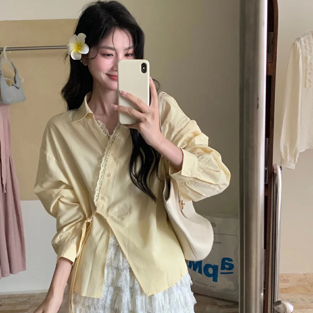 French Lace Shirt 2025 New Korean Women's Side Strap