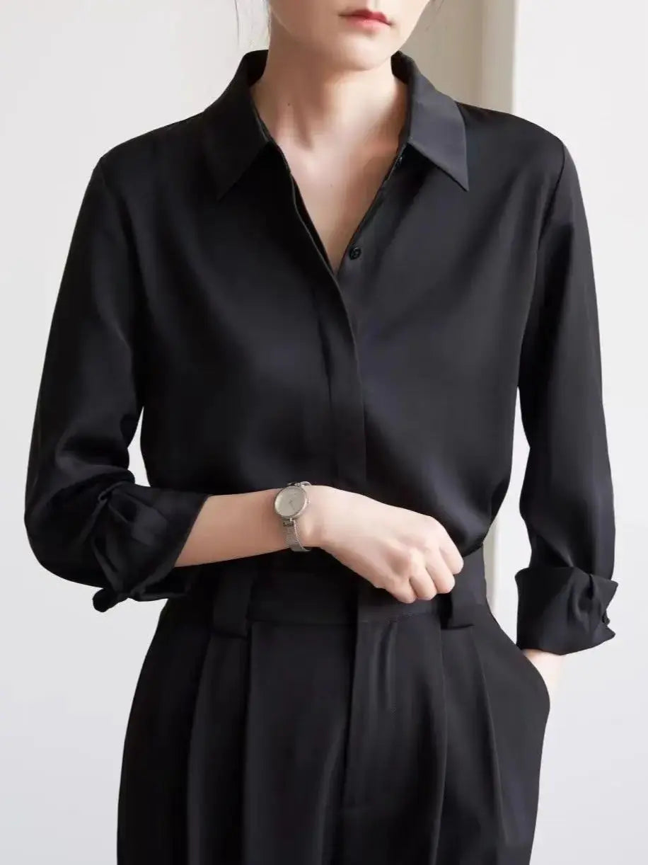Spring Black Women's Shirts Satin Button Long Sleeve Blouses Elegant Office Ladies Clothes Female Clothing Tops Korean Fashion